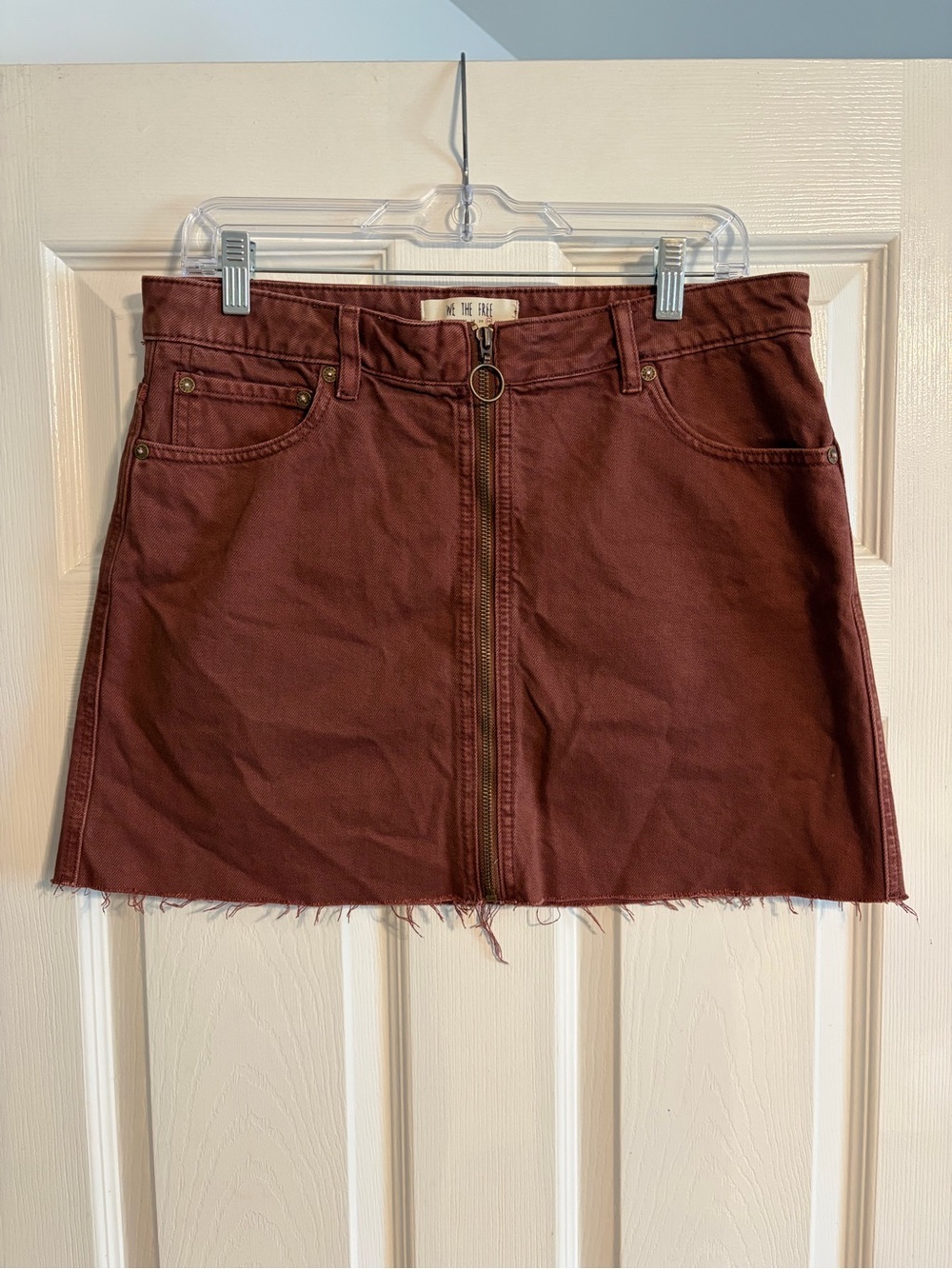 Free People We The Free Rust Zip Front Denim Mini Skirt 30 Frayed